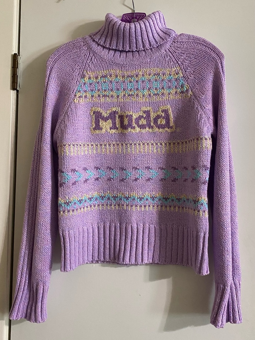 Mudd Lavender Turtleneck Sweater with Pastel Fair Isle no fuzz balls